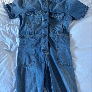 Denim Short-Sleeve Jumpsuit in Medium Blue